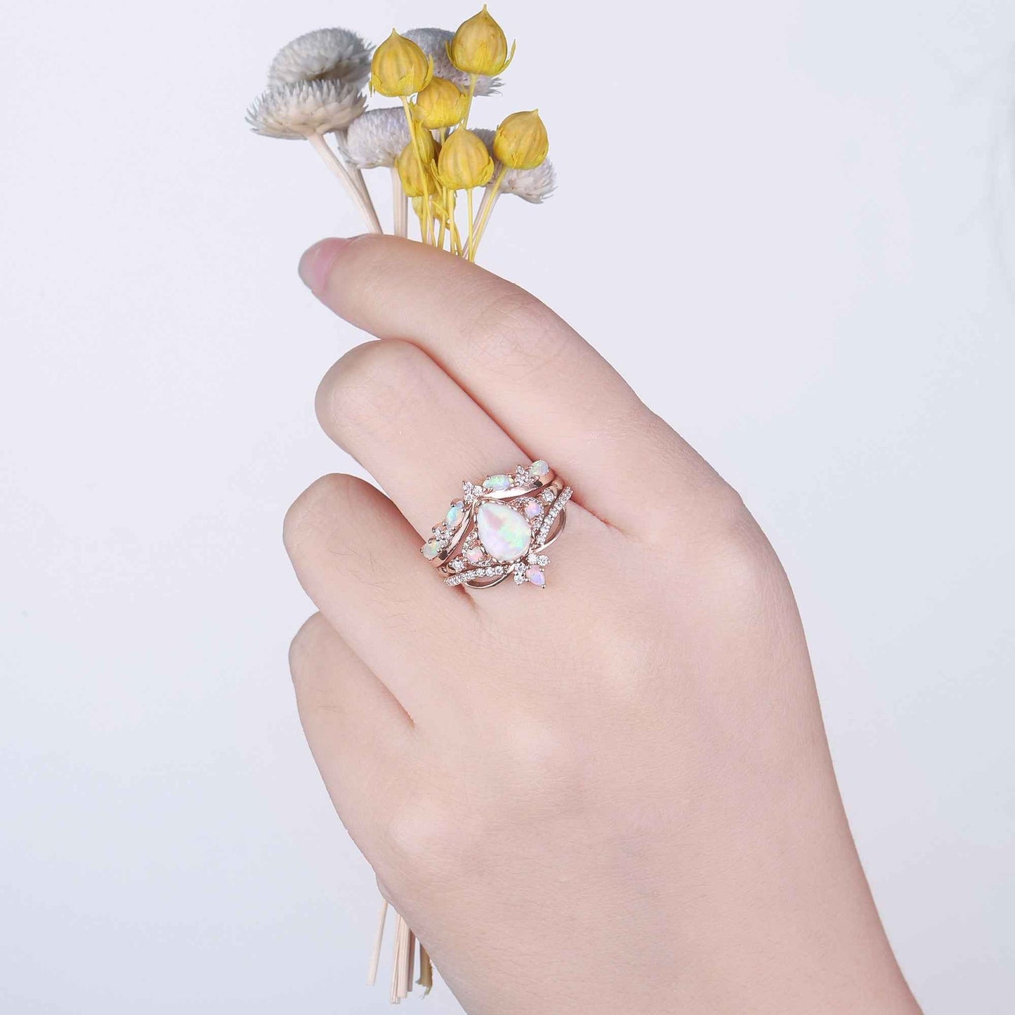 Nature Pear Cut Opal Vine Handmade Gemstone Ring Set 3pcs