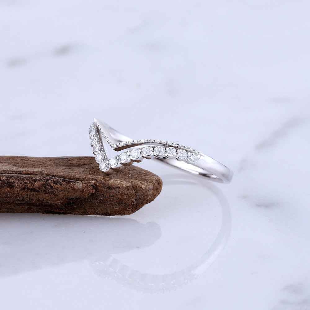 Classic V-Curved Round Moissanite Stacking Ring Sterling Silver