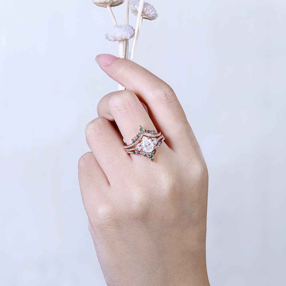 Unique Pear Shaped Grey Moissanite Half Enternity Gemstone Ring Set 3pcs