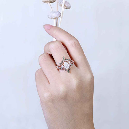 Unique Pear Shaped Grey Moissanite Half Enternity Gemstone Ring Set 3pcs