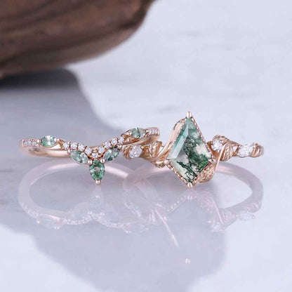 Nature Kite Cut Moss Agate Leaf Twisted Ring Set 2pcs