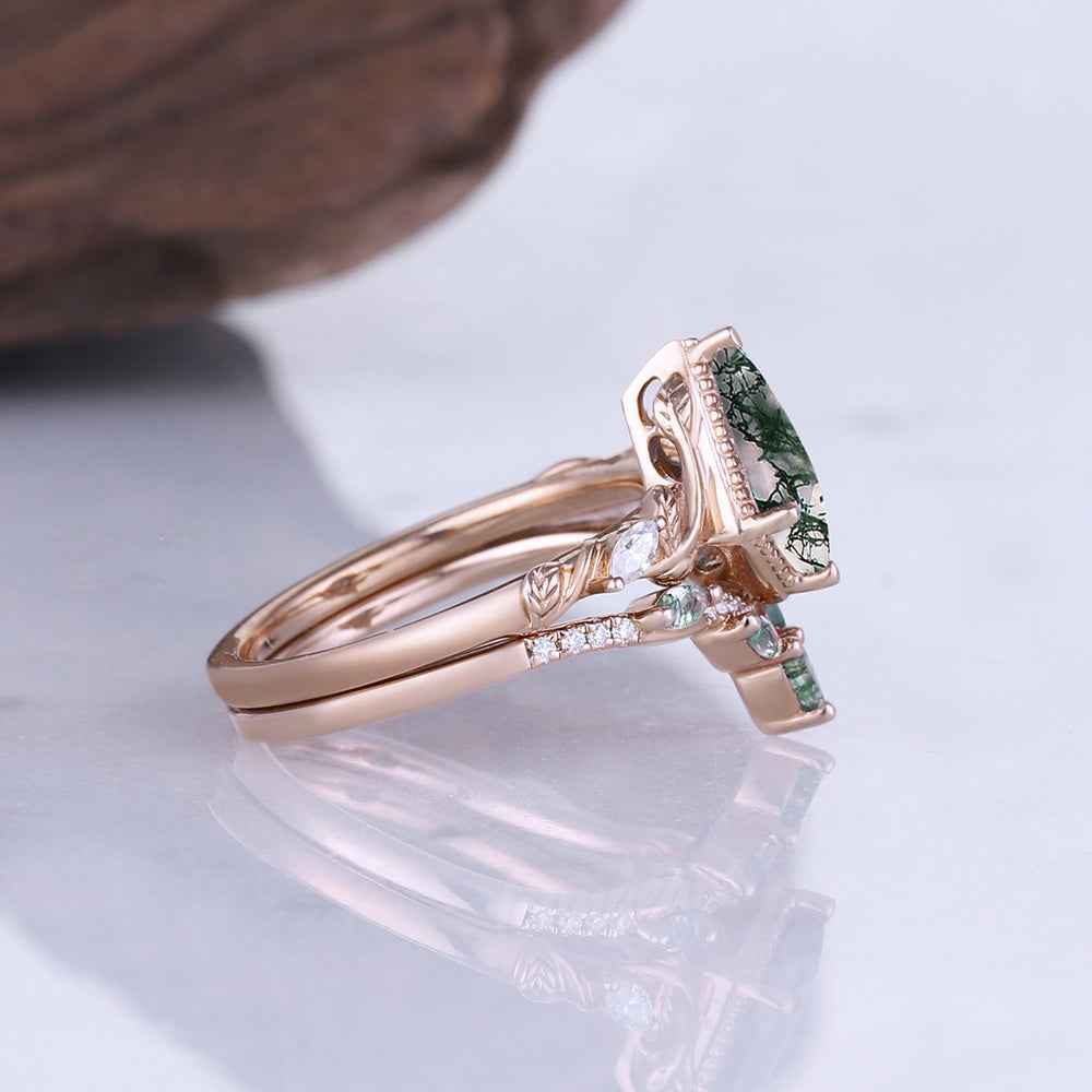 Nature Kite Cut Moss Agate Leaf Twisted Ring Set 2pcs
