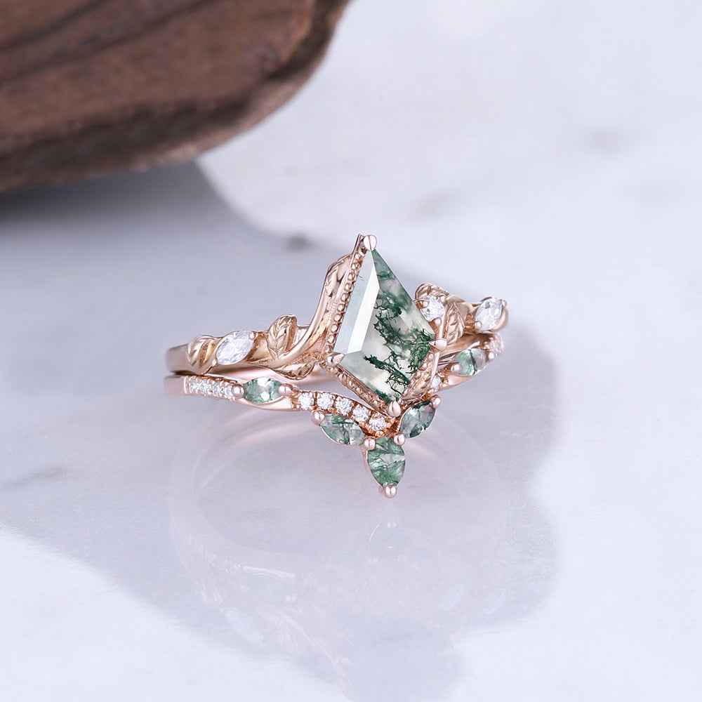 Nature Kite Cut Moss Agate Leaf Twisted Ring Set 2pcs