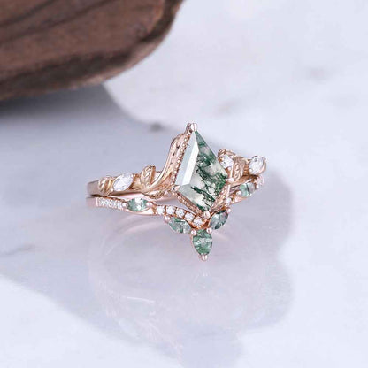 Nature Kite Cut Moss Agate Leaf Twisted Ring Set 2pcs