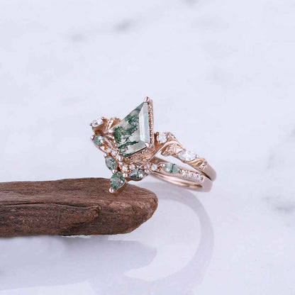 Nature Kite Cut Moss Agate Leaf Twisted Ring Set 2pcs