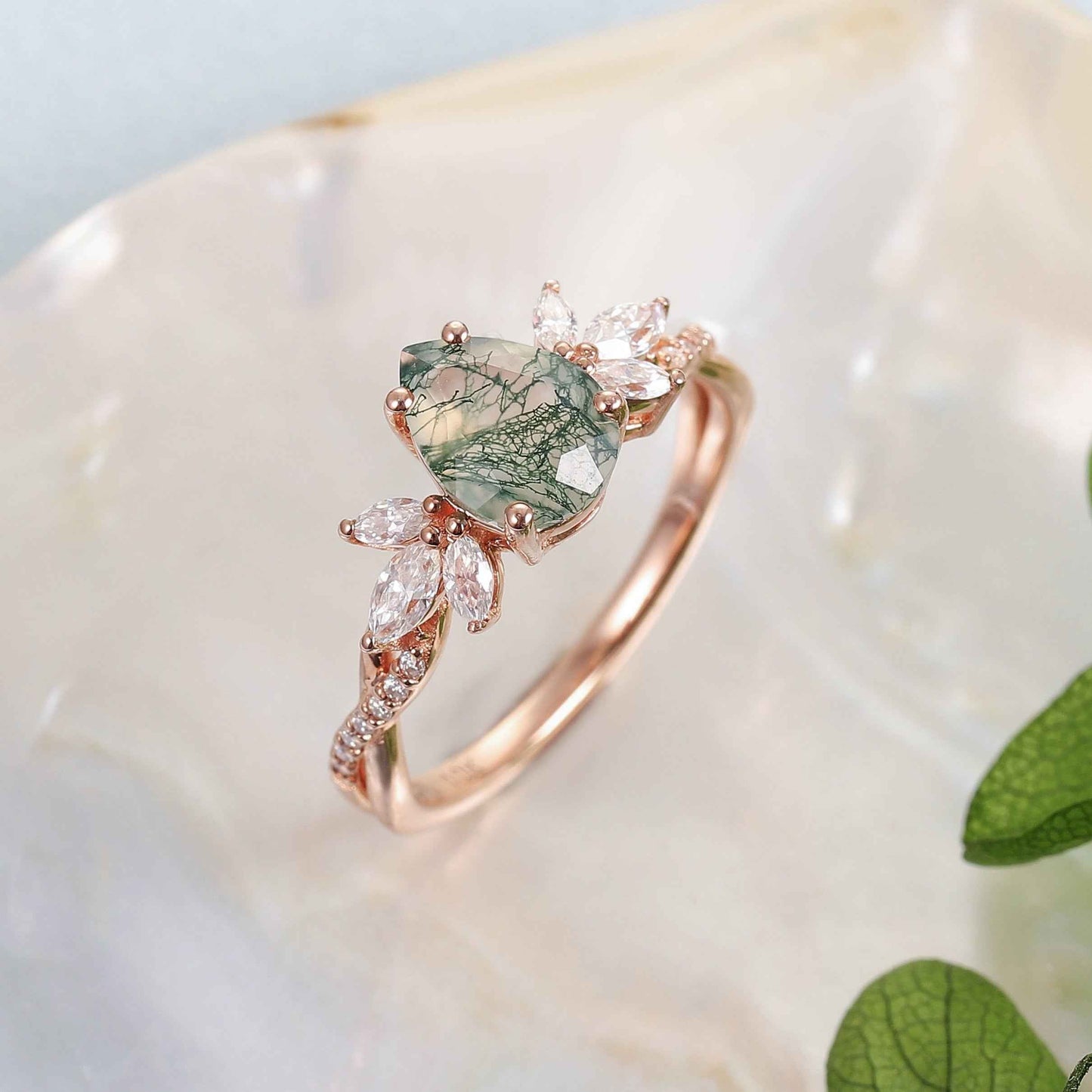 Unique Pear Shaped Moss Agate Vine Art Decor Ring