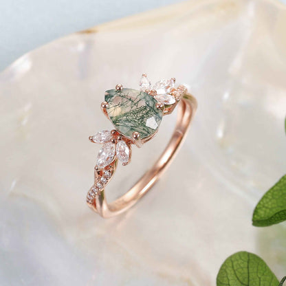 Unique Pear Shaped Moss Agate Vine Art Decor Ring