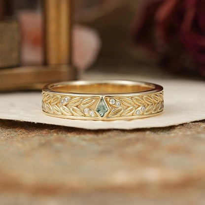 Kite Cut Bezel Moss Agate Leaf Inspired Men's Ring