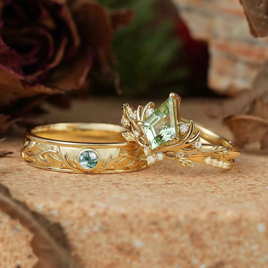 Kite Cut Green Sapphire Bridal Ring Set And Moss Agate Men's Ring Stag Inspired Couple Ring Set