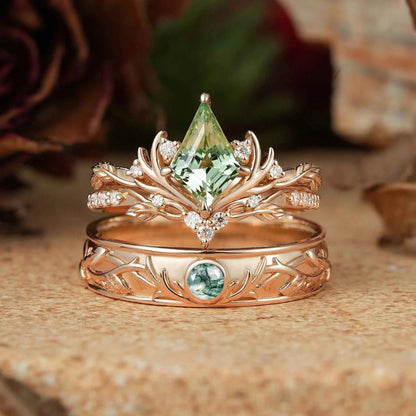 Kite Cut Green Sapphire Bridal Ring Set And Moss Agate Men's Ring Stag Inspired Couple Ring Set