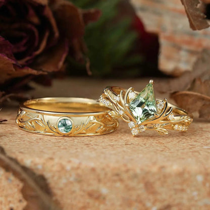 Kite Cut Green Sapphire Bridal Ring Set And Moss Agate Men's Ring Stag Inspired Couple Ring Set