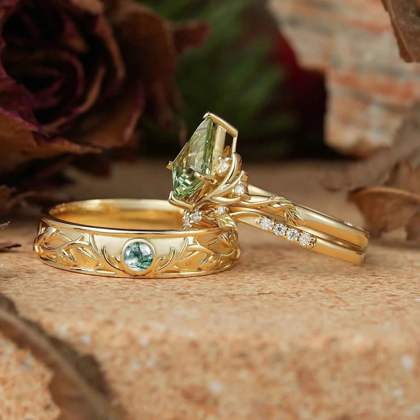 Kite Cut Green Sapphire Bridal Ring Set And Moss Agate Men's Ring Stag Inspired Couple Ring Set