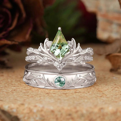 Kite Cut Green Sapphire Bridal Ring Set And Moss Agate Men's Ring Stag Inspired Couple Ring Set