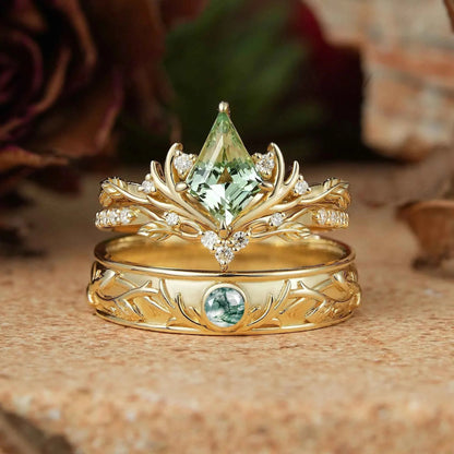 Kite Cut Green Sapphire Bridal Ring Set And Moss Agate Men's Ring Stag Inspired Couple Ring Set