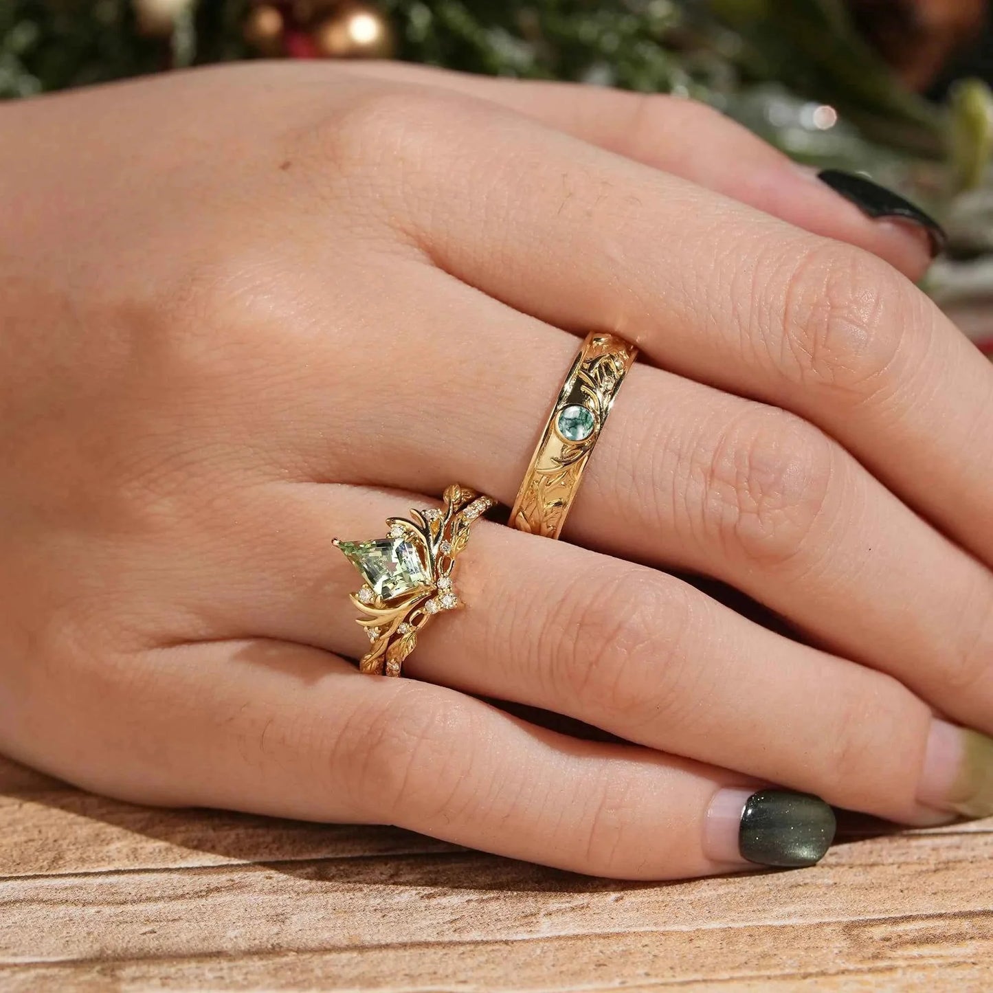 Kite Cut Green Sapphire Bridal Ring Set And Moss Agate Men's Ring Stag Inspired Couple Ring Set