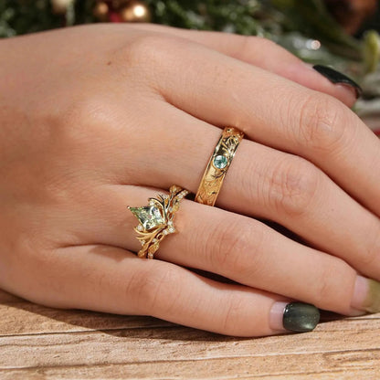 Kite Cut Green Sapphire Bridal Ring Set And Moss Agate Men's Ring Stag Inspired Couple Ring Set