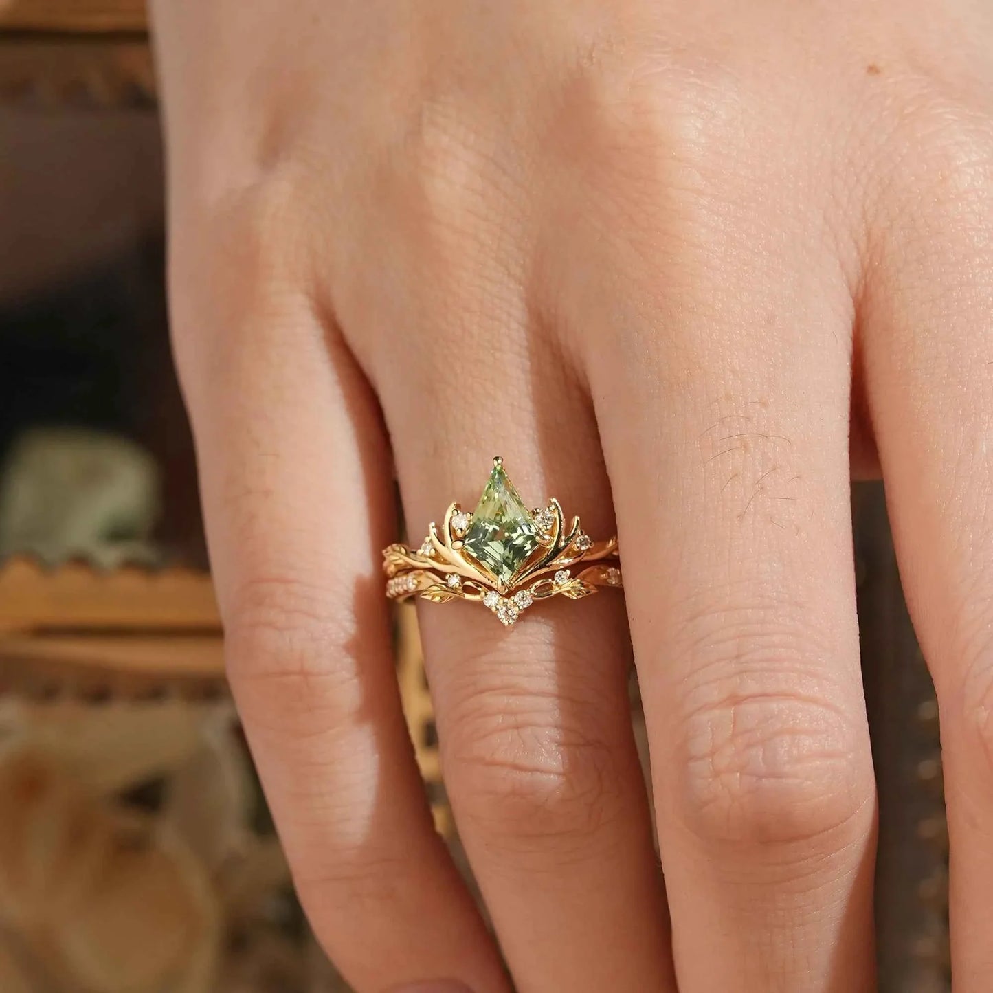 Kite Cut Green Sapphire Stag Inspired Bridal Ring Set Elven Ring Set