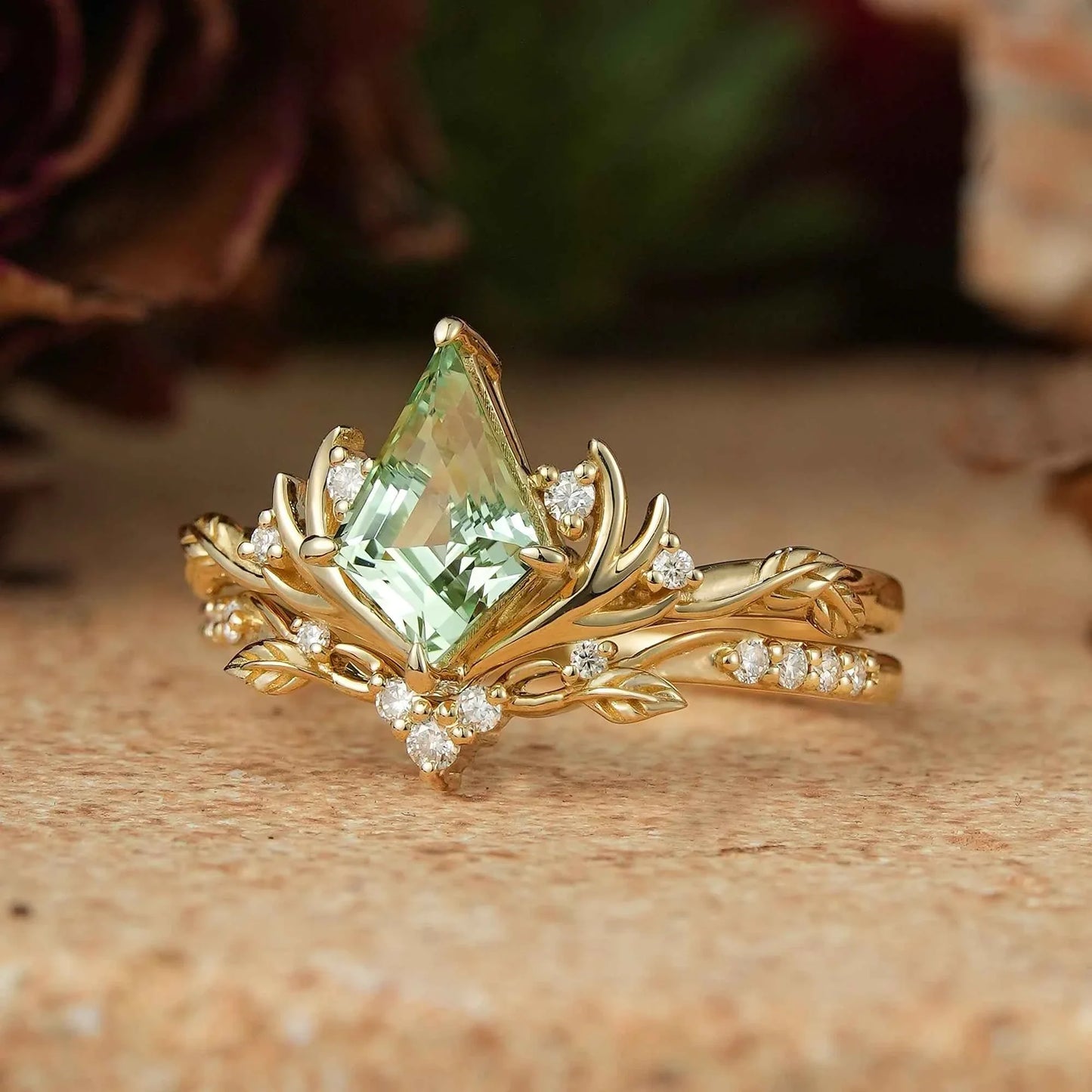 Kite Cut Green Sapphire Stag Inspired Bridal Ring Set Elven Ring Set