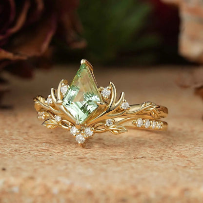 Kite Cut Green Sapphire Stag Inspired Bridal Ring Set Elven Ring Set