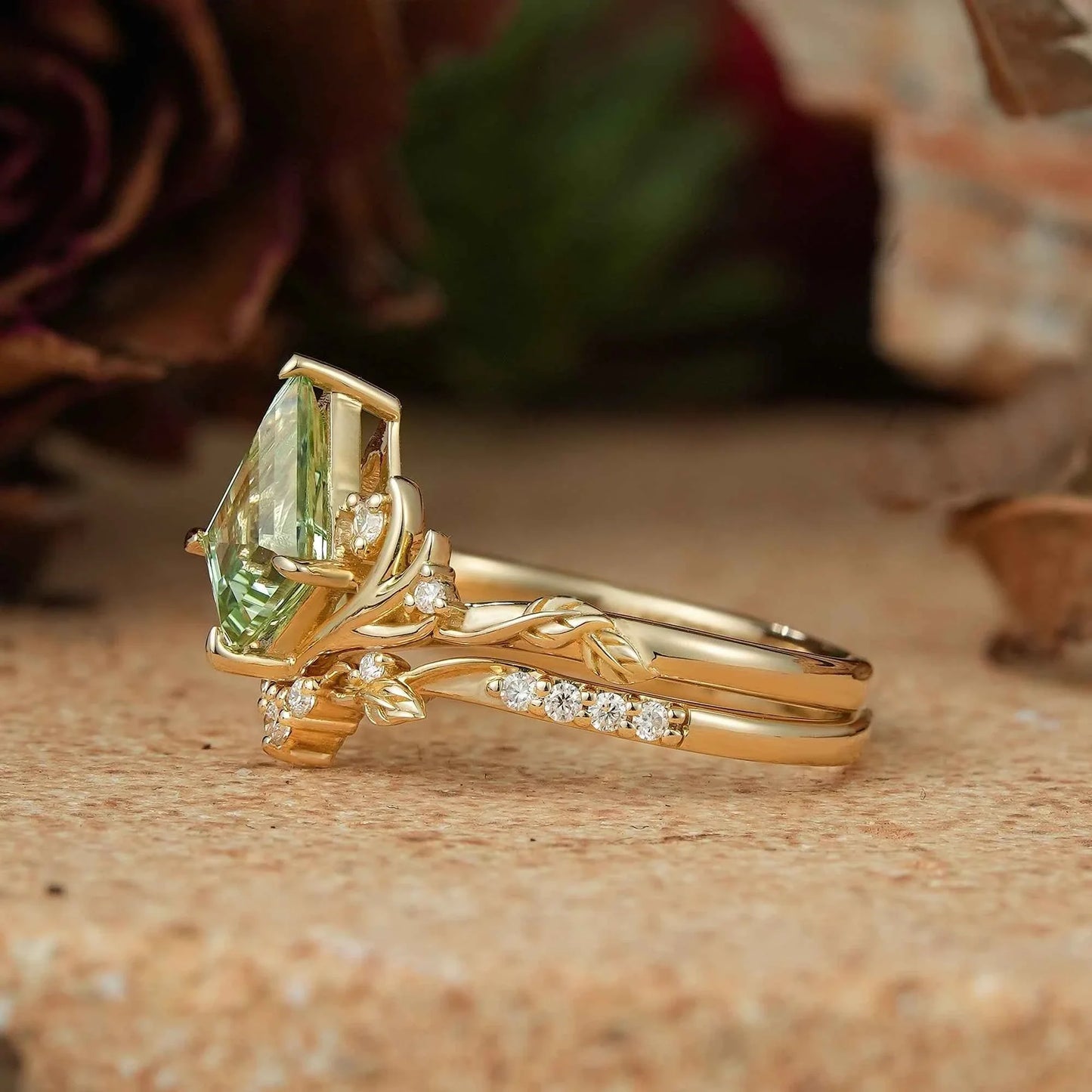 Kite Cut Green Sapphire Stag Inspired Bridal Ring Set Elven Ring Set