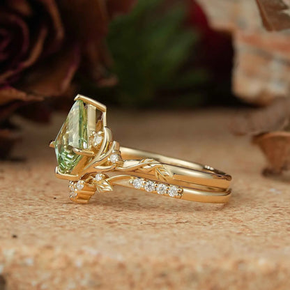 Kite Cut Green Sapphire Stag Inspired Bridal Ring Set Elven Ring Set
