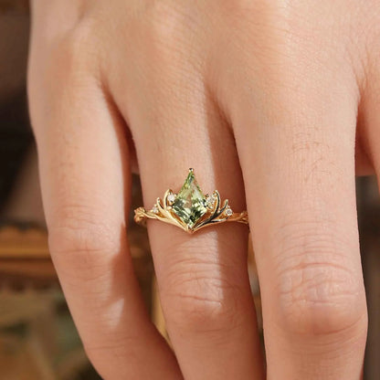 Kite Cut Green Sapphire Stag Inspired Engagement Ring Elven Ring