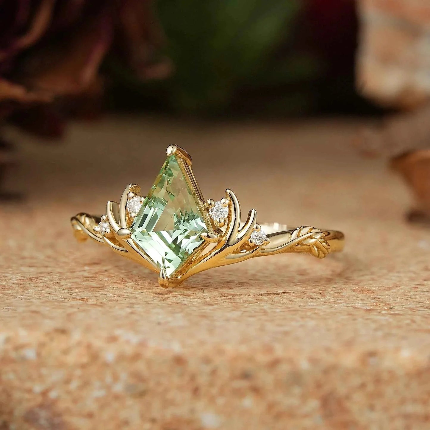 Kite Cut Green Sapphire Stag Inspired Engagement Ring Elven Ring