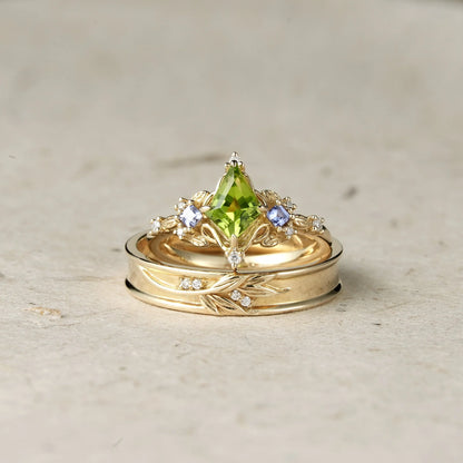 Kite-Shaped Peridot Tanzanite Couple's Ring-Perfect Match