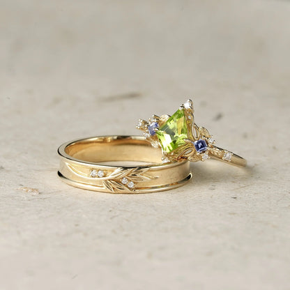 Kite-Shaped Peridot Tanzanite Couple's Ring-Perfect Match