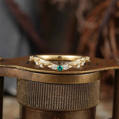 Lab Emerald Wedding Band Leaf Inspired Curved Wedding Ring