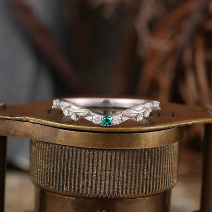 Lab Emerald Wedding Band Leaf Inspired Curved Wedding Ring