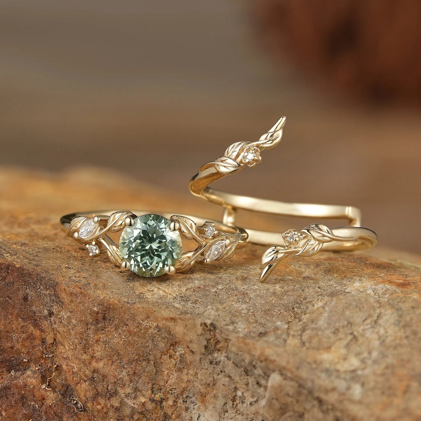 Lab Green Sapphire Floral Enhancer Ring Set-Nyra