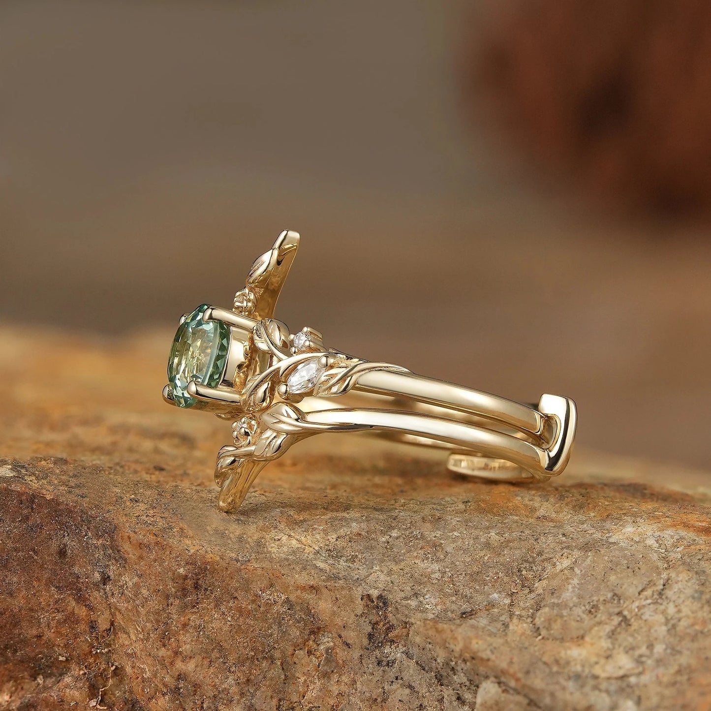 Lab Green Sapphire Floral Enhancer Ring Set-Nyra