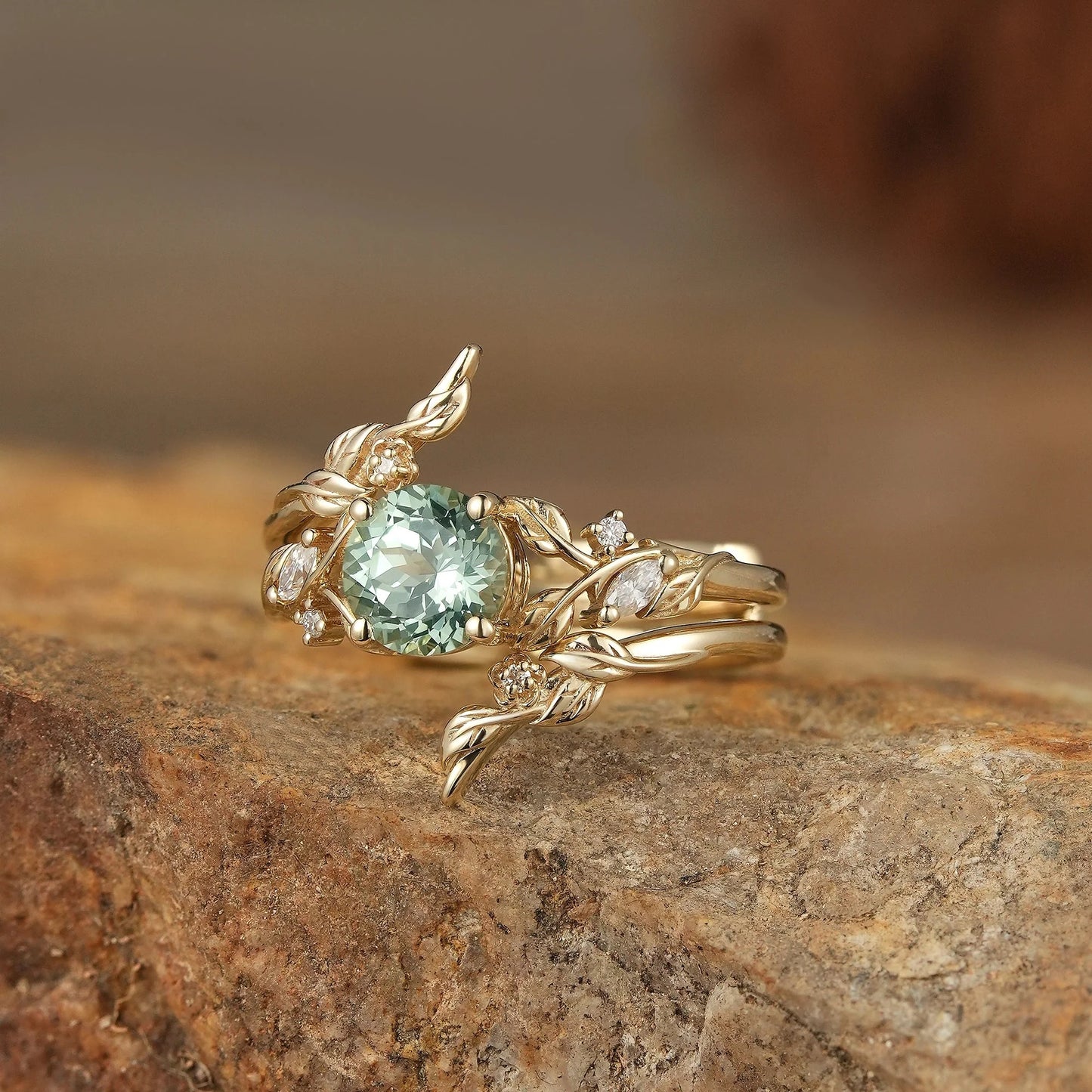 Lab Green Sapphire Floral Enhancer Ring Set-Nyra
