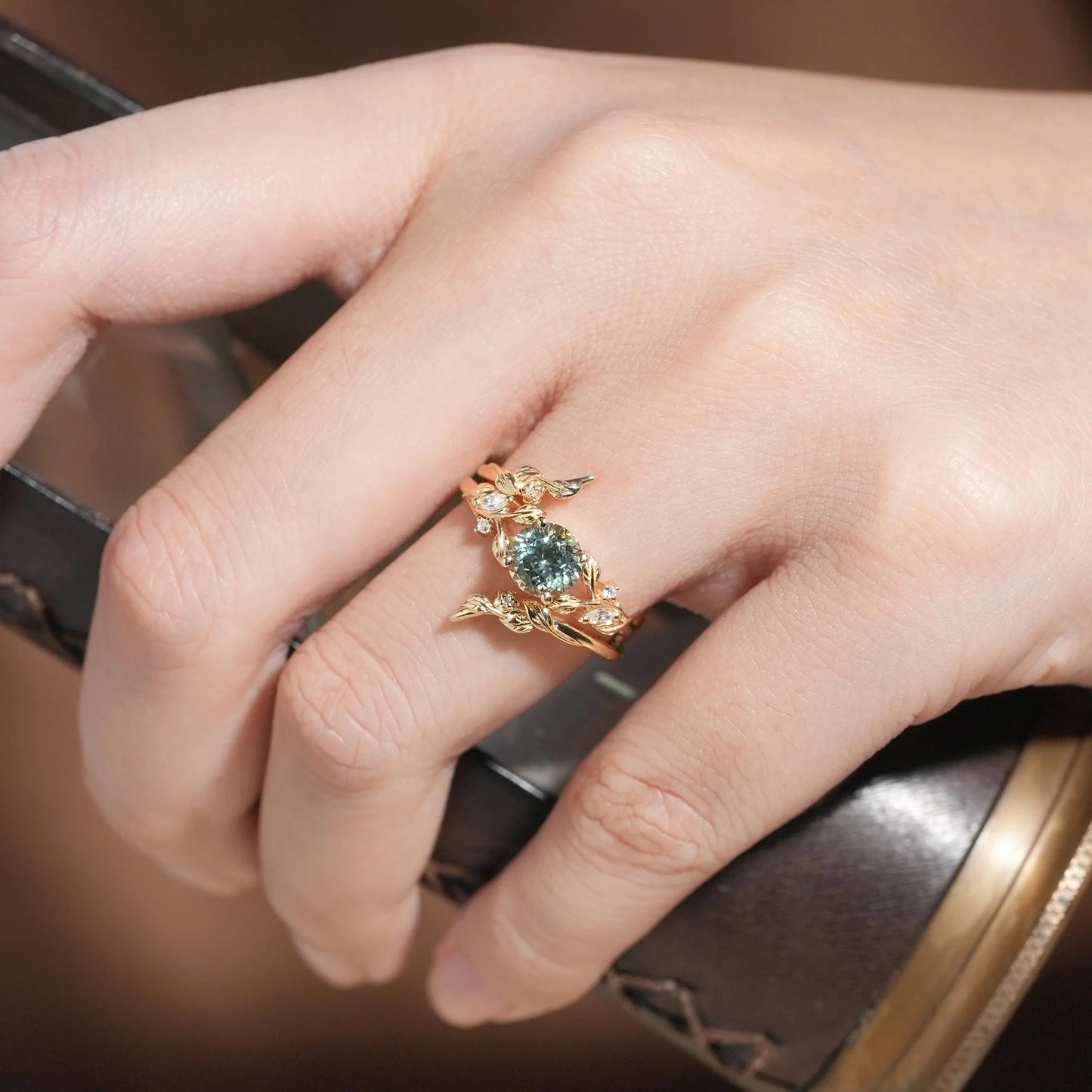 Lab Green Sapphire Floral Enhancer Ring Set-Nyra