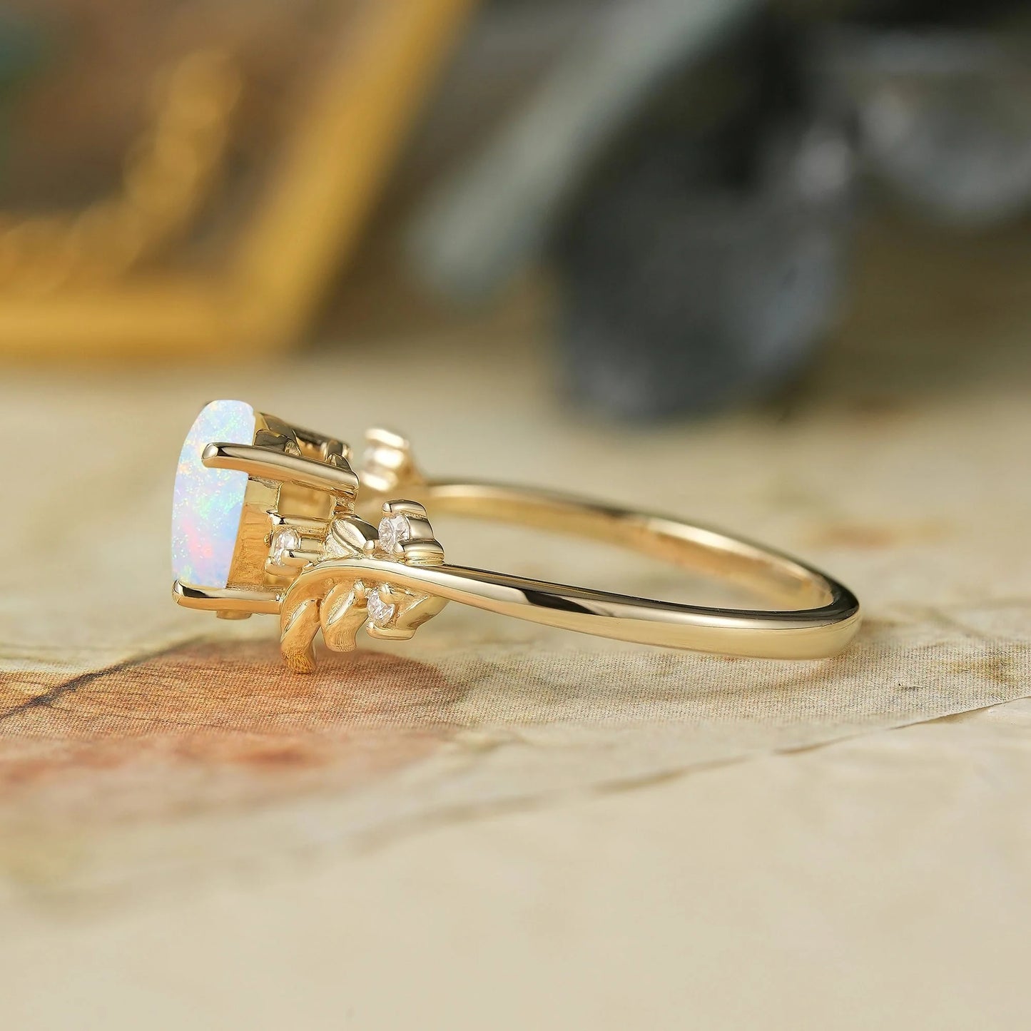 Laurel Leaf Inspired Heart Shaped Opal Engagement Ring - Iris