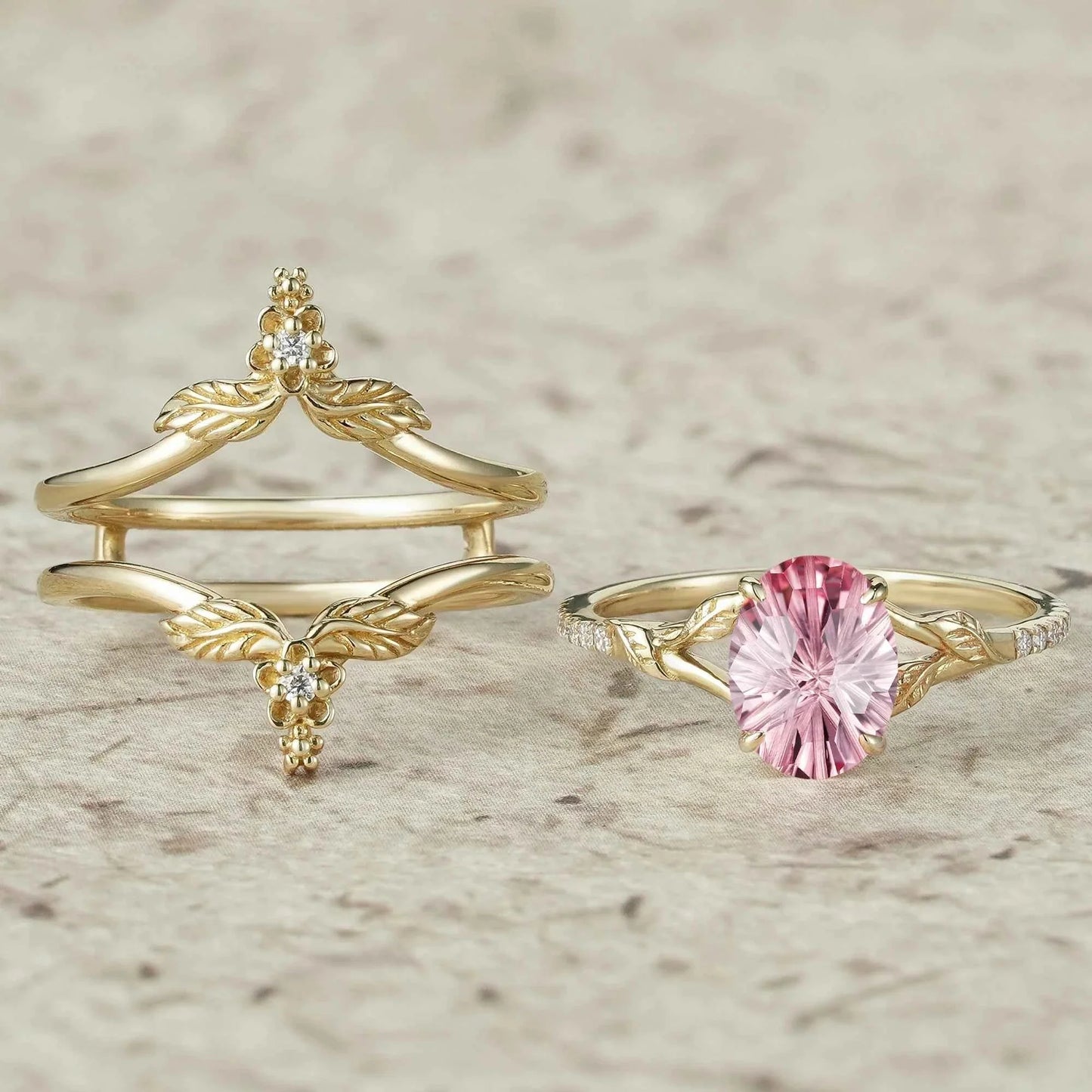 Leaf and Flower Elegance: Sparkle Cut Padparadscha Ring Set - Ameli