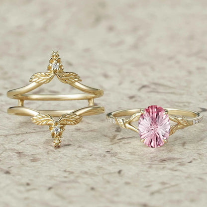 Leaf and Flower Elegance: Sparkle Cut Padparadscha Ring Set - Ameli