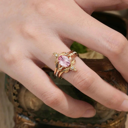Leaf and Flower Elegance: Sparkle Cut Padparadscha Ring Set - Ameli