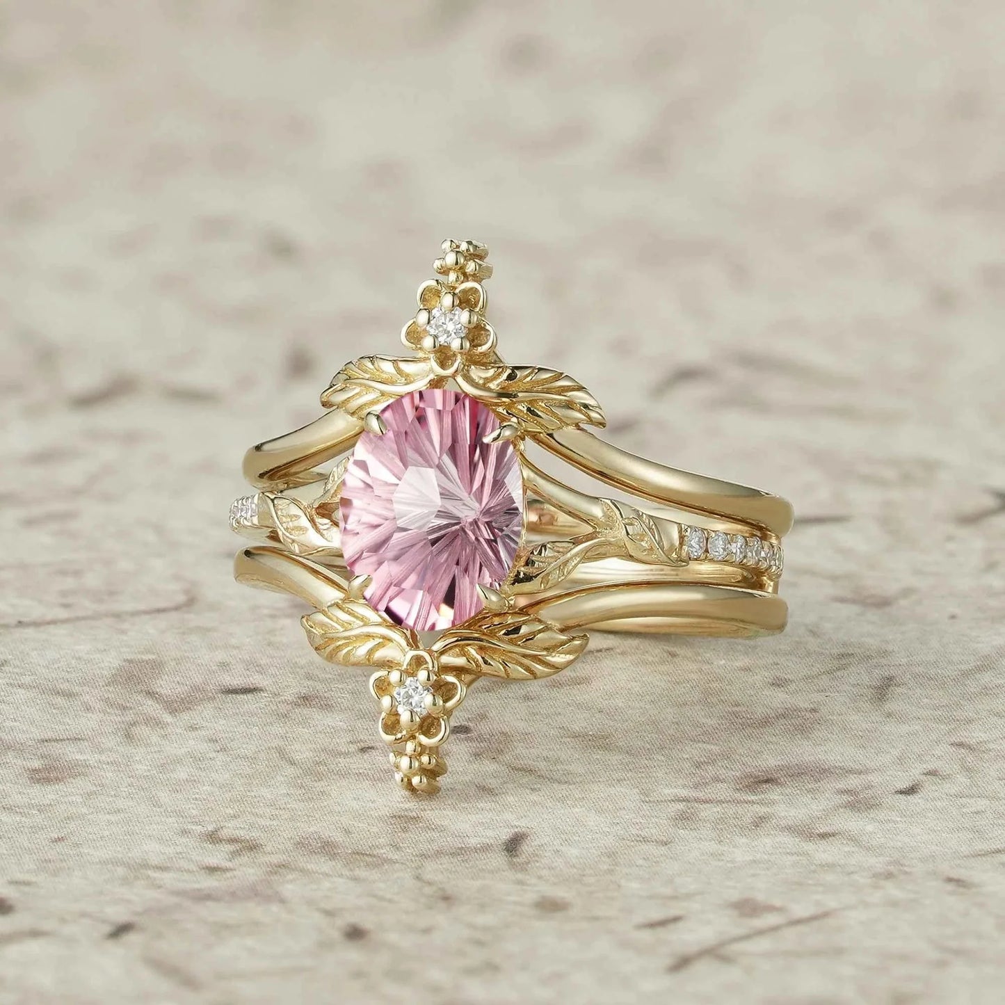 Leaf and Flower Elegance: Sparkle Cut Padparadscha Ring Set - Ameli