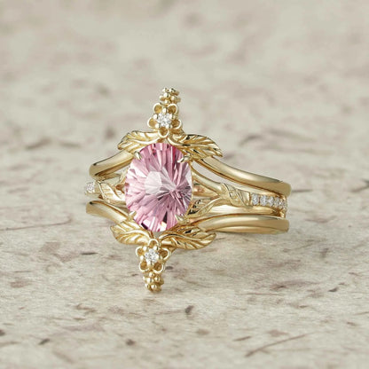 Leaf and Flower Elegance: Sparkle Cut Padparadscha Ring Set - Ameli