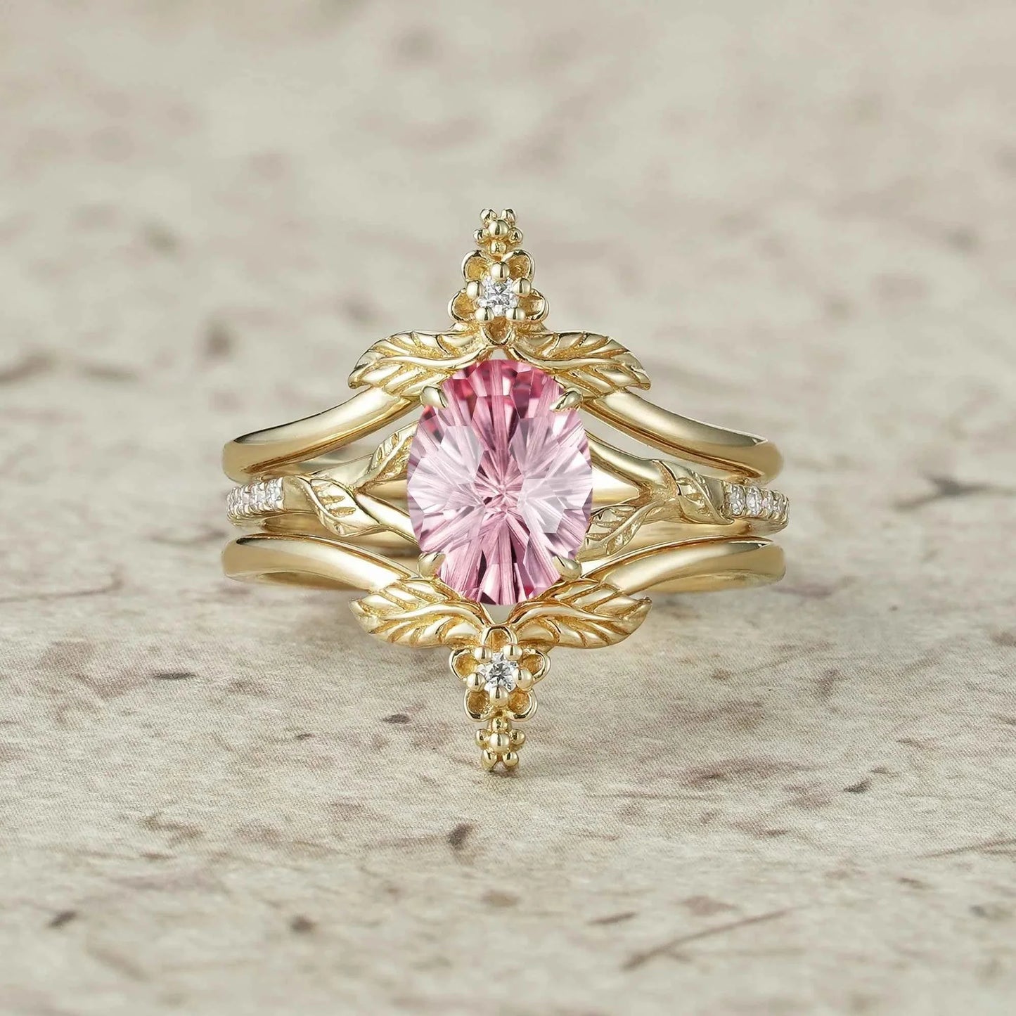 Leaf and Flower Elegance: Sparkle Cut Padparadscha Ring Set - Ameli