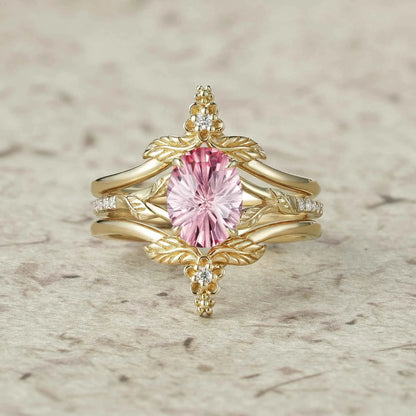 Leaf and Flower Elegance: Sparkle Cut Padparadscha Ring Set - Ameli