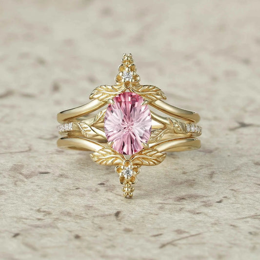 Leaf and Flower Elegance: Sparkle Cut Padparadscha Ring Set - Ameli