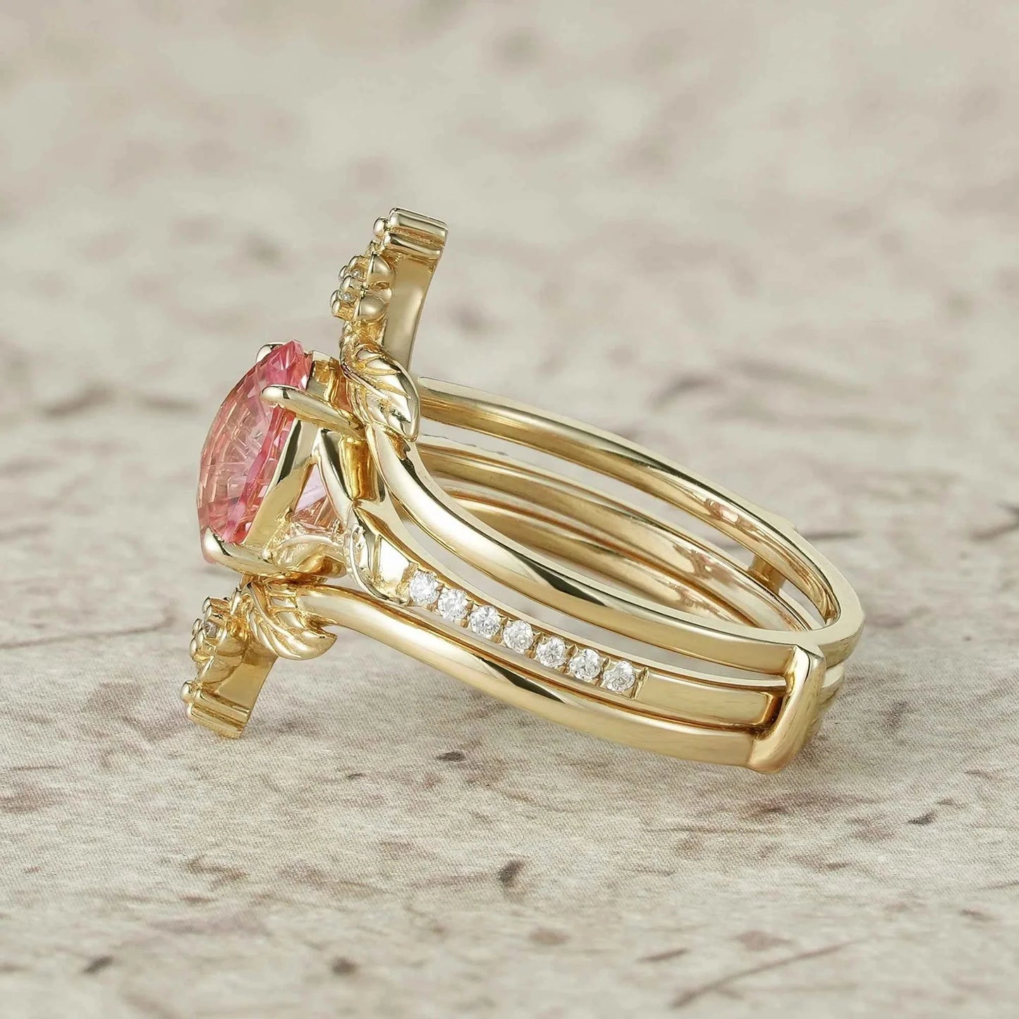 Leaf and Flower Elegance: Sparkle Cut Padparadscha Ring Set - Ameli