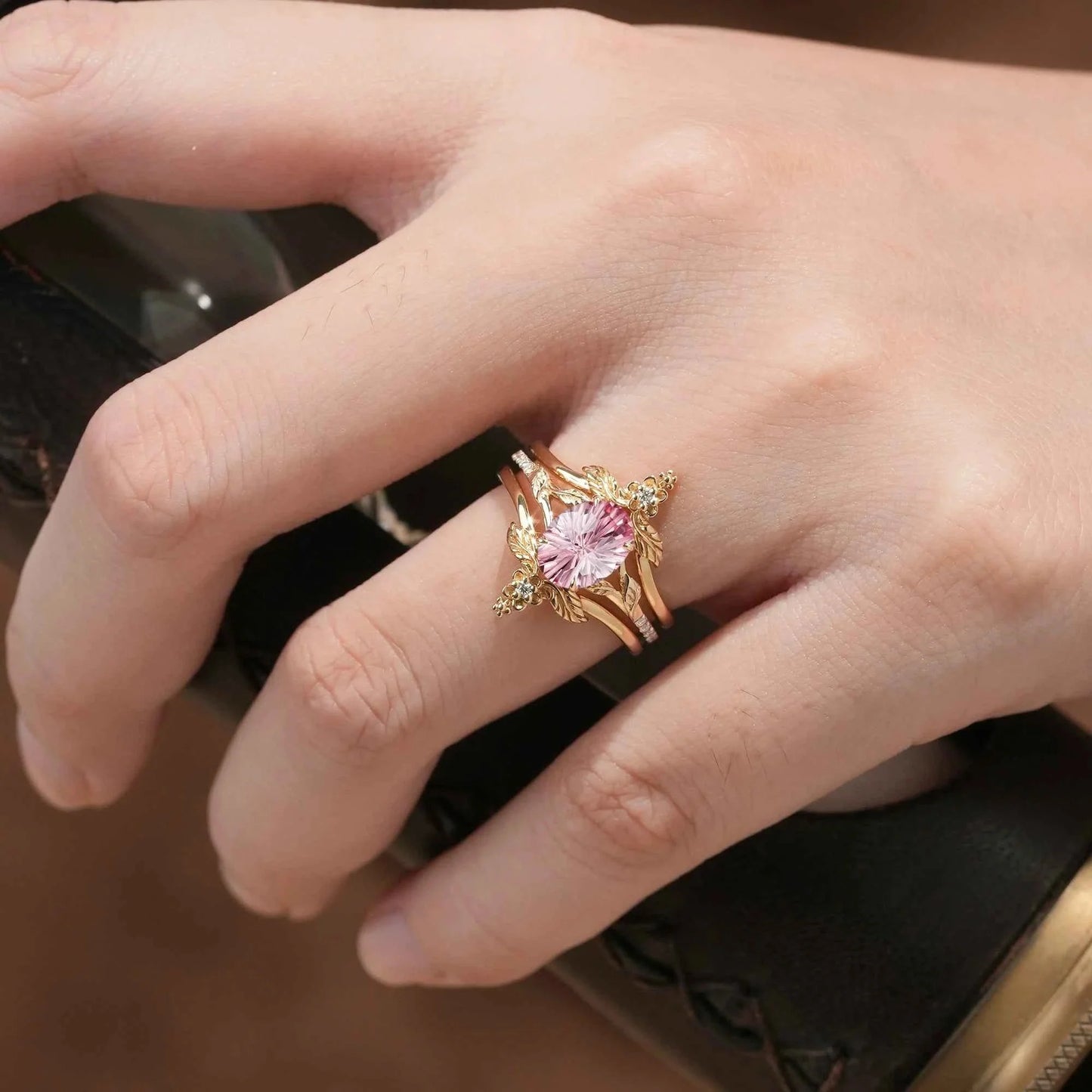 Leaf and Flower Elegance: Sparkle Cut Padparadscha Ring Set - Ameli