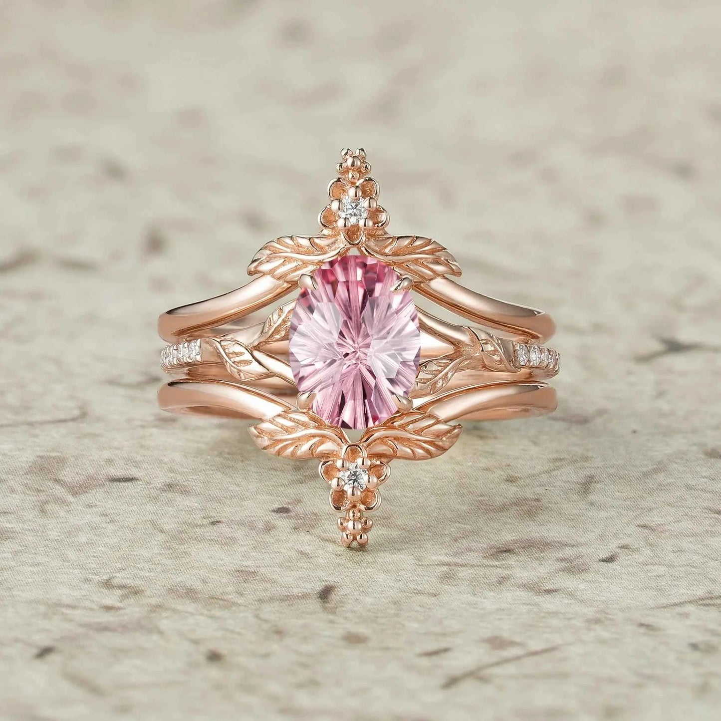 Leaf and Flower Elegance: Sparkle Cut Padparadscha Ring Set - Ameli