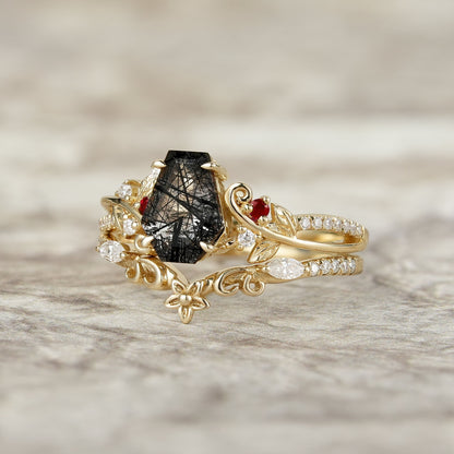 Leaf-Inspired Black Rutilated Quartz Bridal Set-Lio