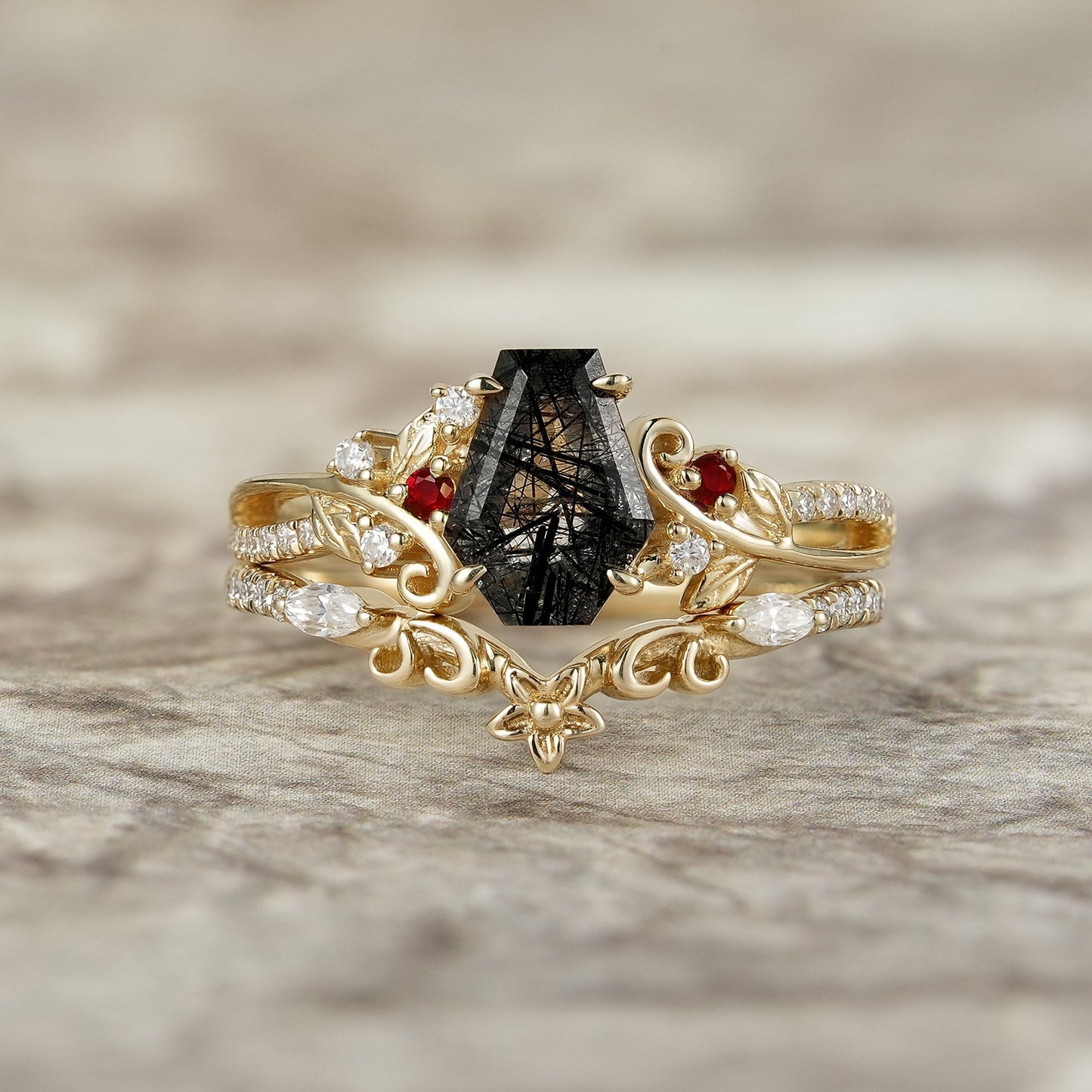 Leaf-Inspired Black Rutilated Quartz Bridal Set-Lio