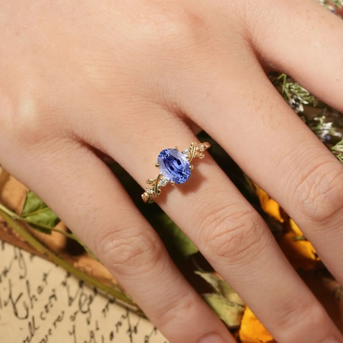 Leaf Inspired Cornflower Sapphire Engagement Ring-Cecilia